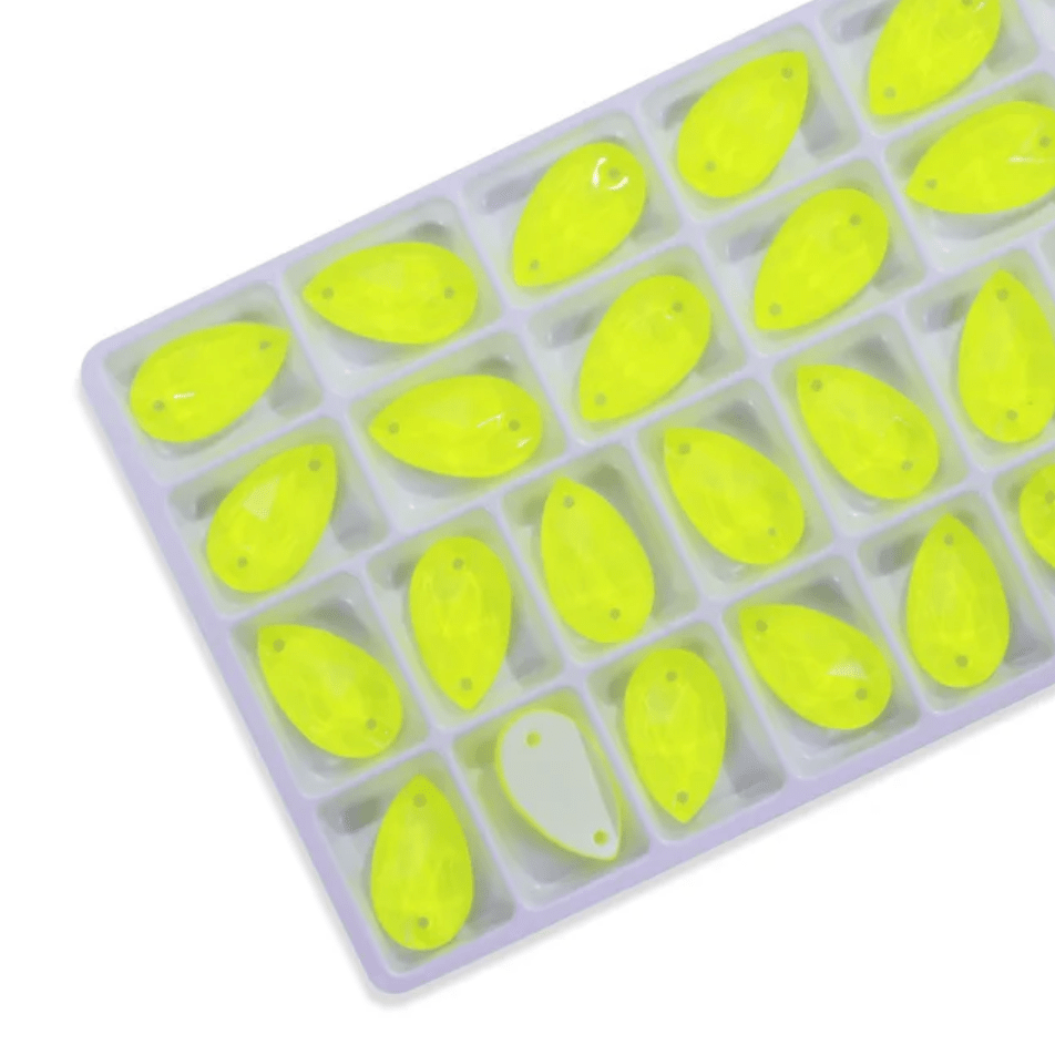 11*18mm Yellow NEON White Bottom Teardrops, *Black light sensitive/Glow* Sew on, Glass Gems (Sold in Pair) Fancy Glass Gems