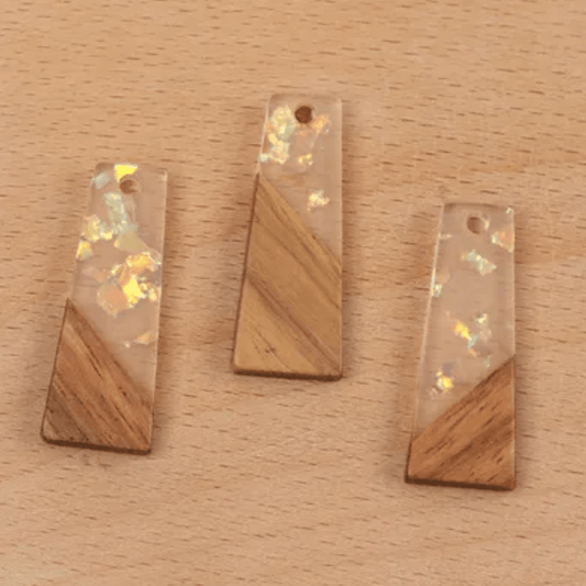 11*30mm Clear with AB Foil Flakes with Wood Trapezoid, One Hole, Acrylic Resin Gem (Sold in Pair) Resin Gems