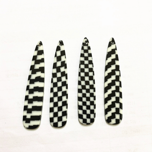 11*55mm Black and White Checkered Long Teardrop, one hole sew on, Resin Gems (Sold in Pair) Resin Gems