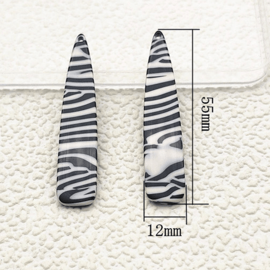 11*55mm Black and White Zebra Long Teardrop, one hole sew on, Resin Gems (Sold in Pair) Resin Gems
