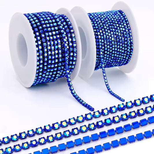 Ss6 Navy Blue AB on Dark Blue Colour Rhinestone Metal Chain (Sold in Yard) Sundaylace Creations & Bling