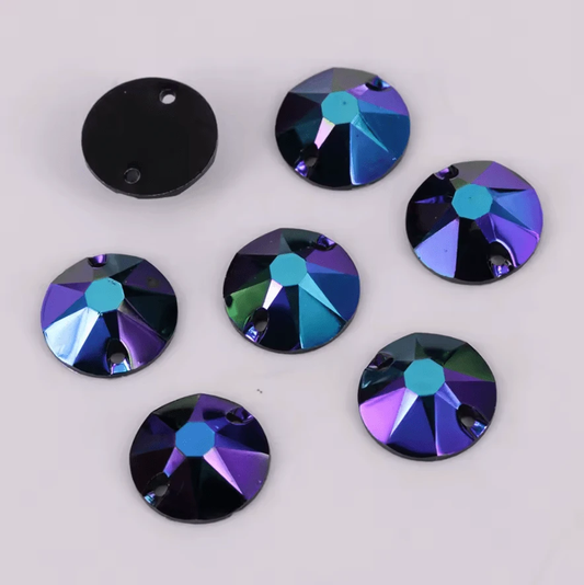12mm Blue/Purple Iris AB, in Rivoli, Sew on, Black AB Resin Gems (Sold in Pair) Resin Gems