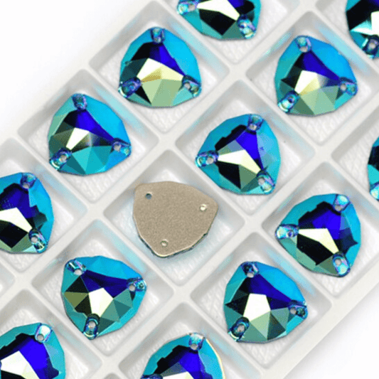 12mm Capri Blue AB Fat Triangle Trillion, Sew on, Fancy Glass Gems (Sold in Pair) Fancy Glass Gems