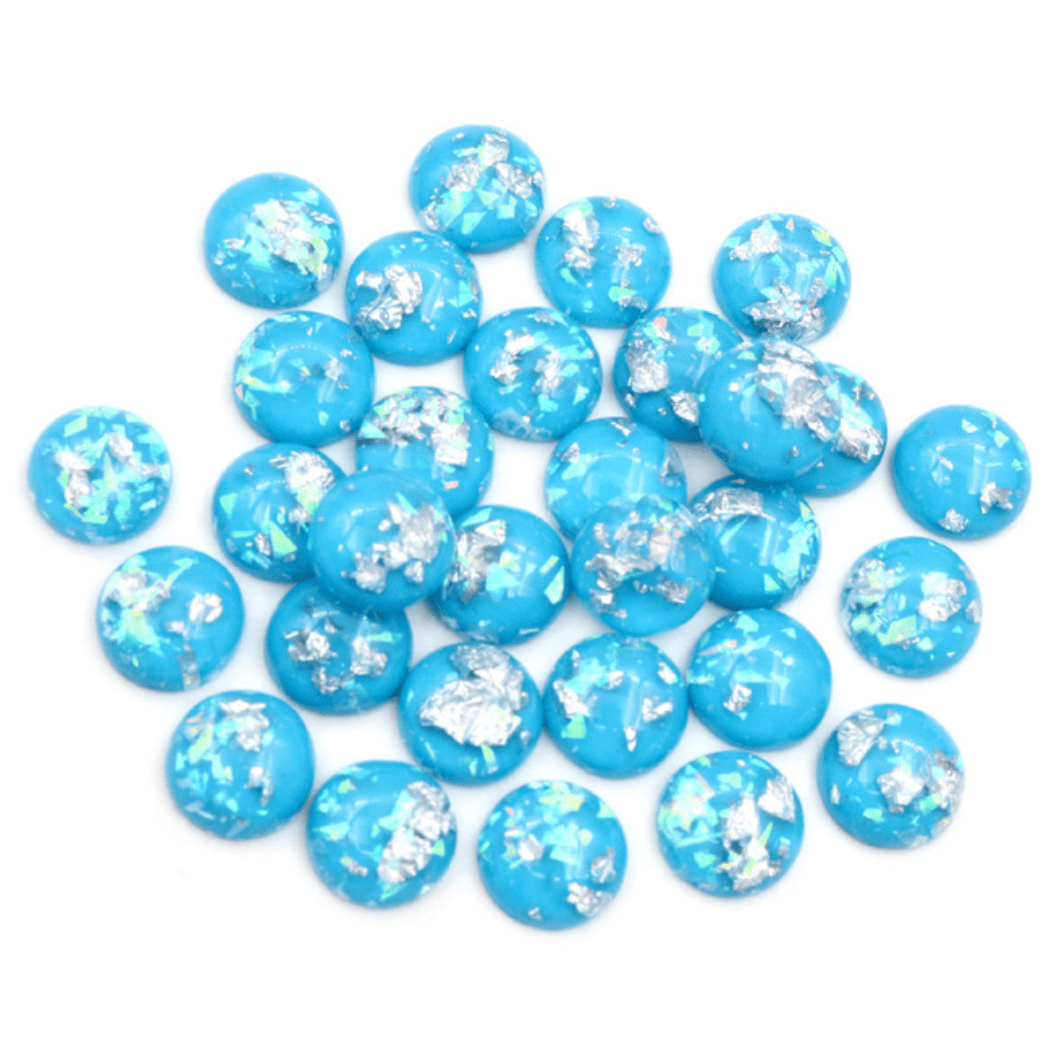 12mm Capri Blue with Silver/AB Built-in Foil,  Round Dome, Glue-on, Resin Gem (Sold in Pair) Resin Gems