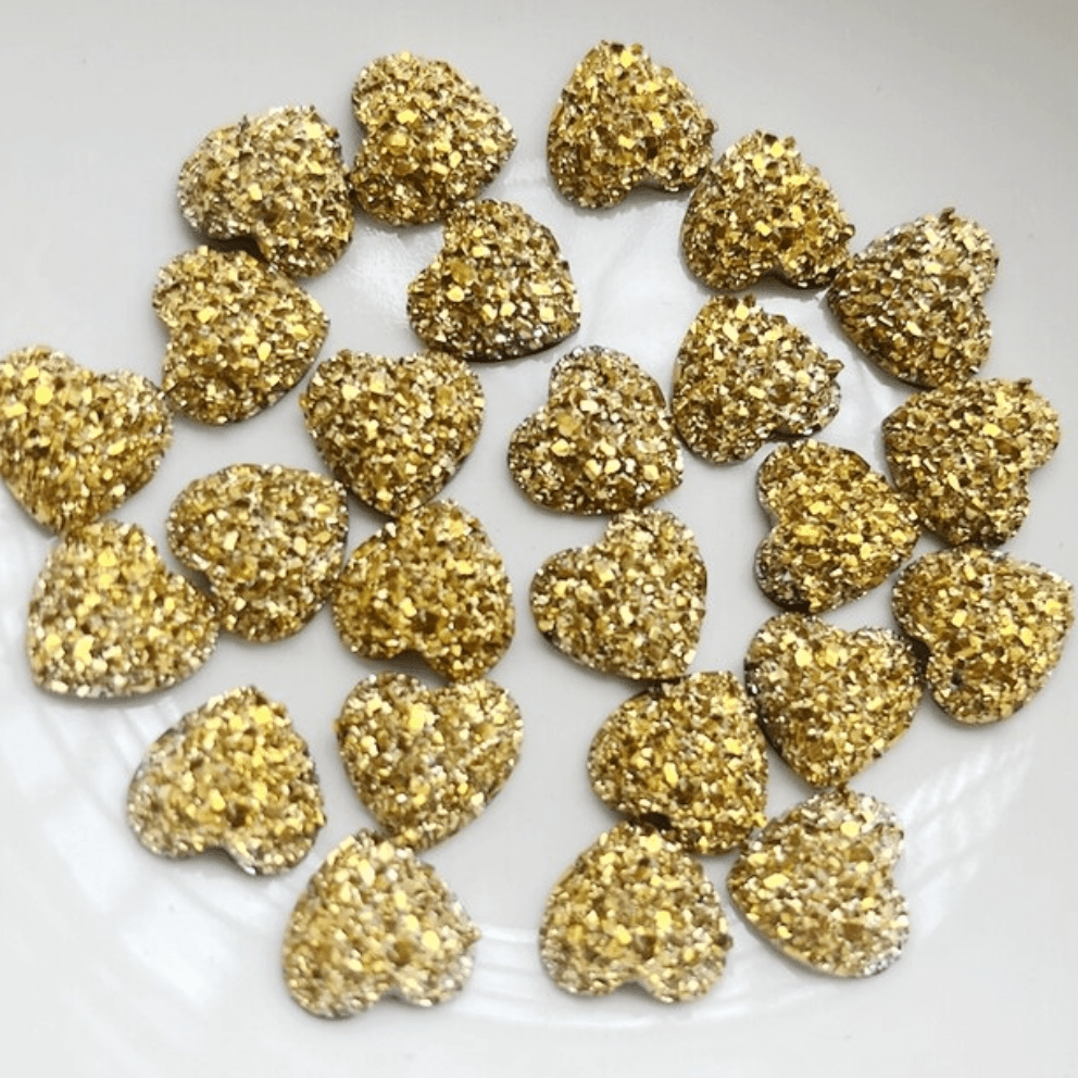 12mm Metallic Gold Druzy Heart, Glue on, Resin Gems (Sold in Pair) Resin Gems
