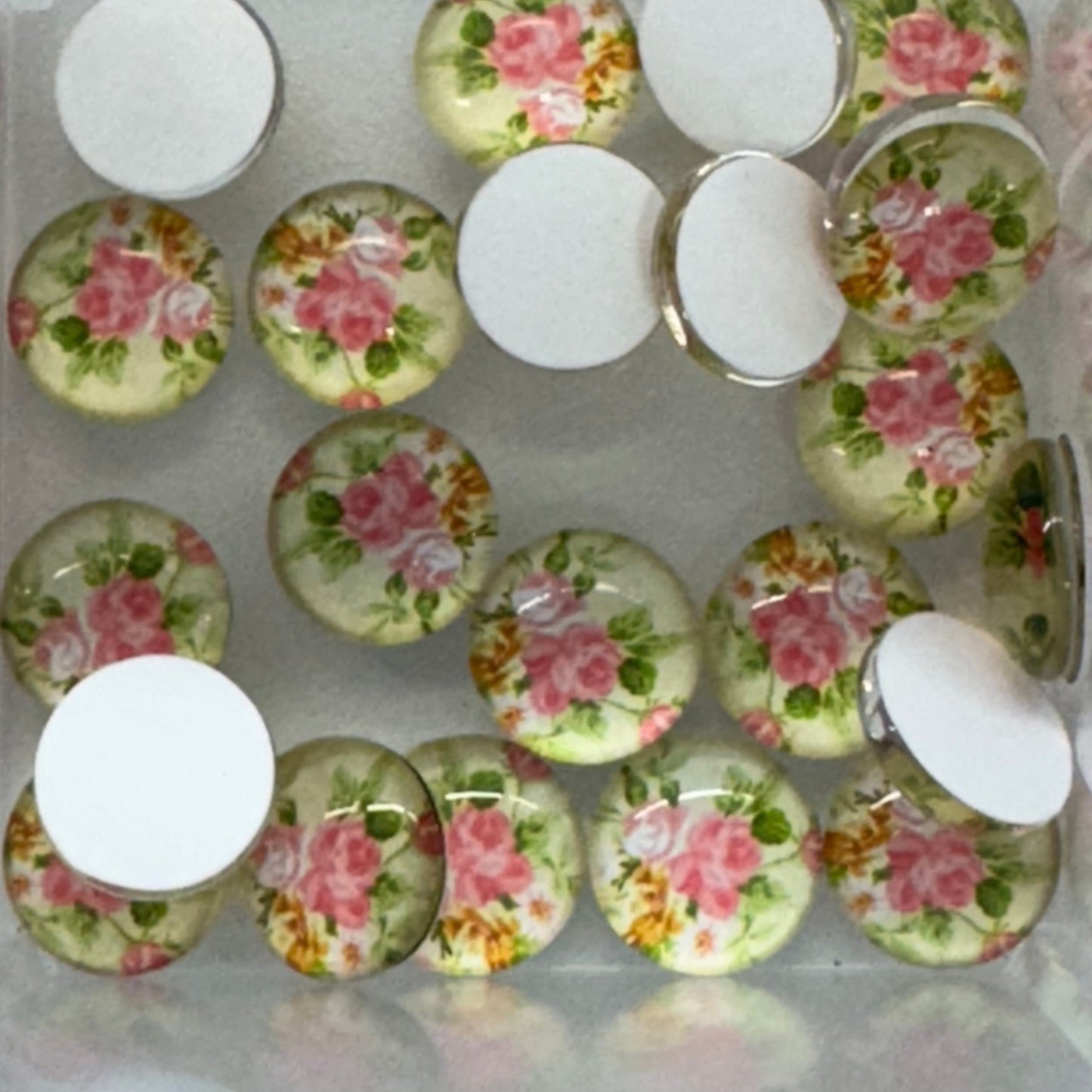 Lime Rose 12mm Mixed Floral Photo Glass Cabochon Rivoli, Glue on, Resin Gems (Sold in Pair) Earring Findings