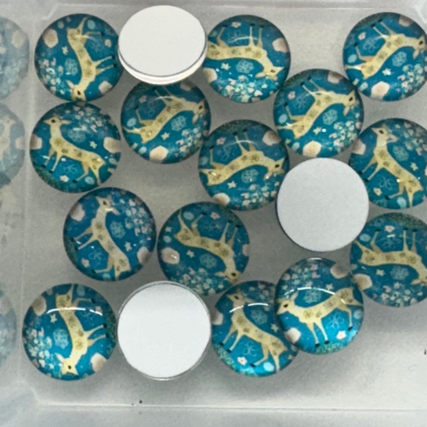 Deer Blue Background 12mm Mixed Floral Photo Glass Cabochon Rivoli, Glue on, Resin Gems (Sold in Pair) Earring Findings