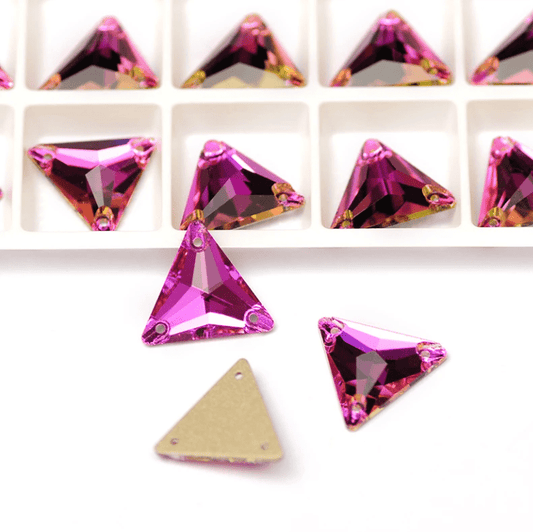12mm Pink Flame Triangle, Sew on, Fancy Glass Gem (Sold in Pair) Fancy Glass Gems