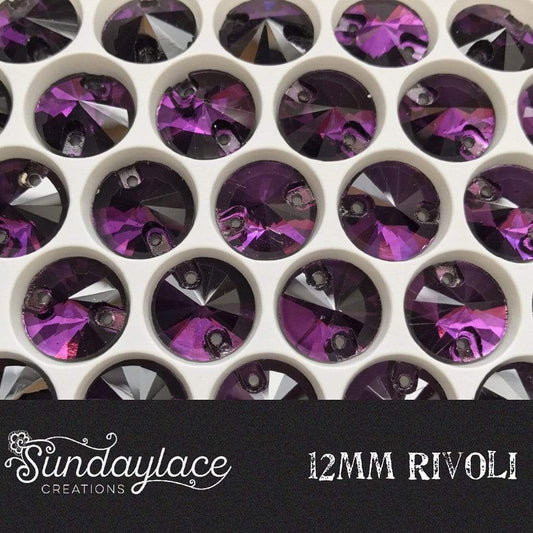 12mm Purple Velvet Rivoli Glass Gem, Sew on (Sold in Pair) Glass Gems