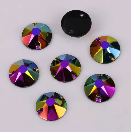 12mm Siam Iris AB, in Rivoli, Sew on, Black AB Resin Gems (Sold in Pair) Resin Gems