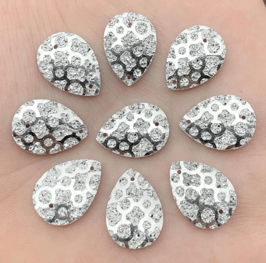Silver Metallic Droplet 13*18mm Silver Droplet Textured Teardrop, Sew on, Resin Gems (Sold in Pair) Resin Gems