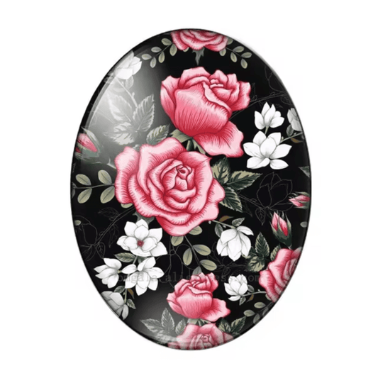 13*18mm Vintage Rose on Black Oval Glass Cabochon Gem, Glue on, Resin Gem (Sold in Pair) Resin Gems