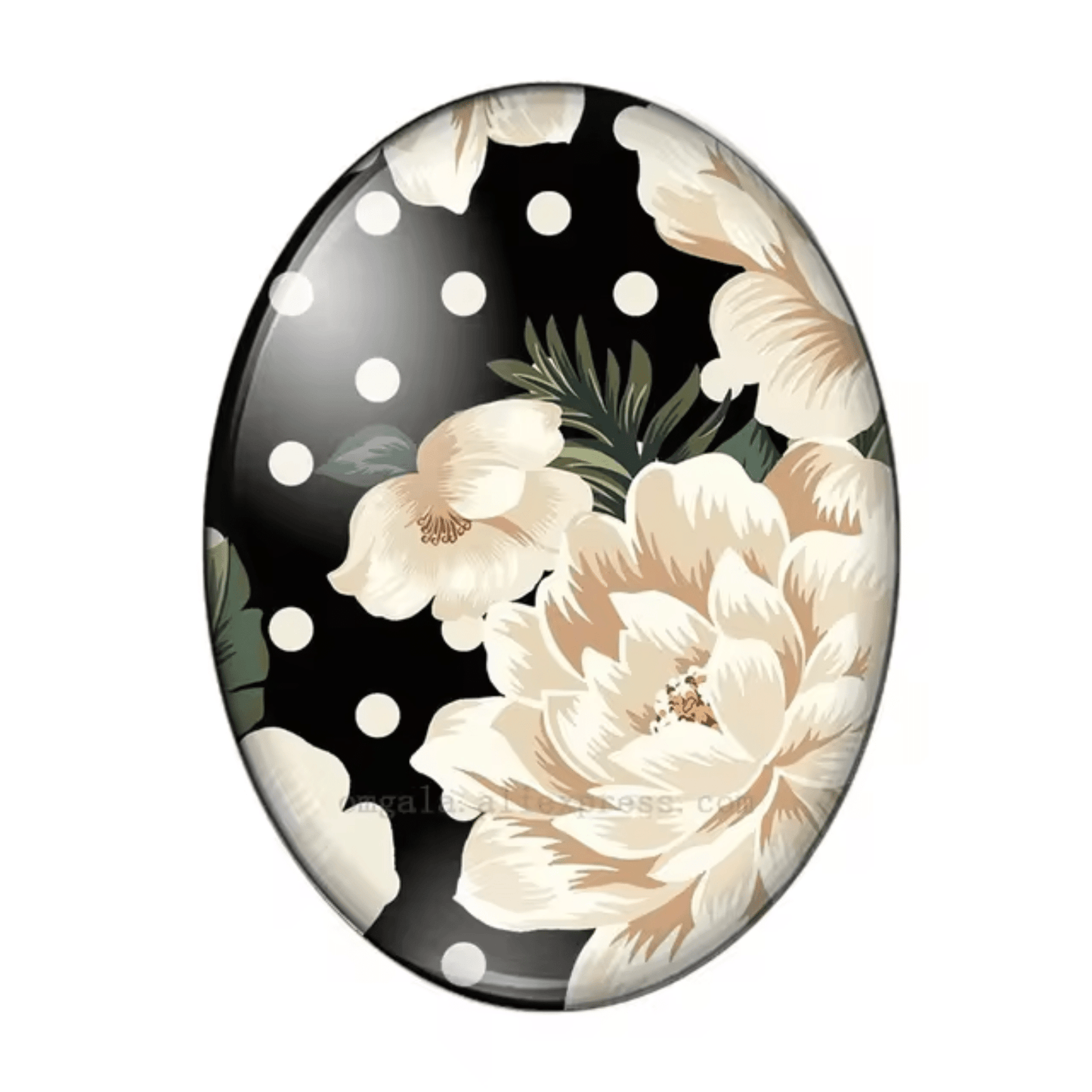 13*18mm White Floral on Black Dot Oval Glass  Gem, Glue on, Resin Gem (Sold in Pair) Resin Gems