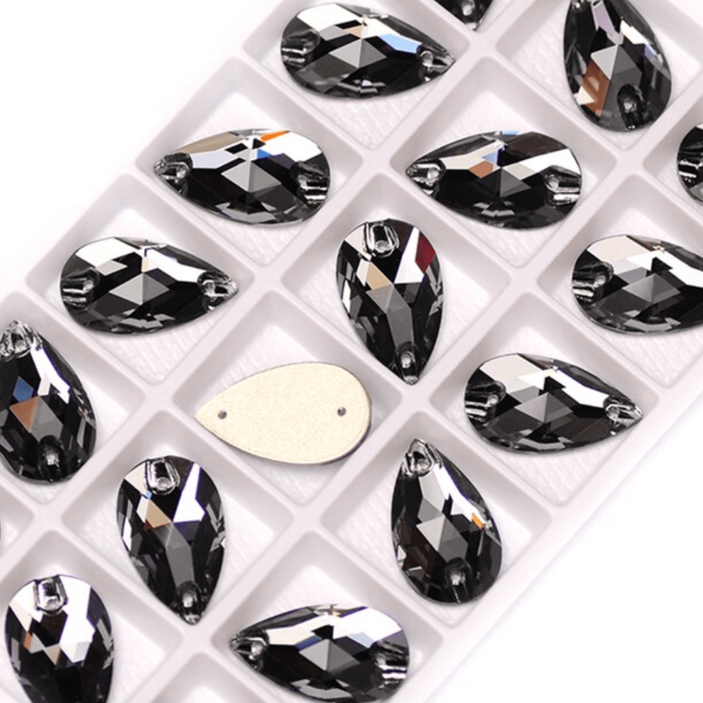 13*22mm Black Diamond Grey Teardrop, Sew on, Fancy Glass Gem (Sold in Pair) Fancy Glass Gems