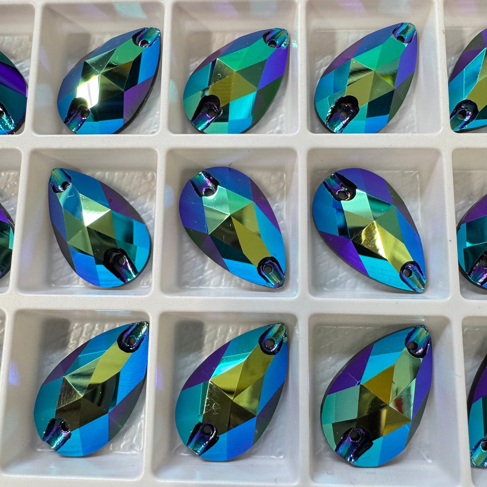 13*22mm Blue/Purple AB Teardrop High Quality, Sew on, Fancy Glass Gem (Sold in Pair) Glass Gems