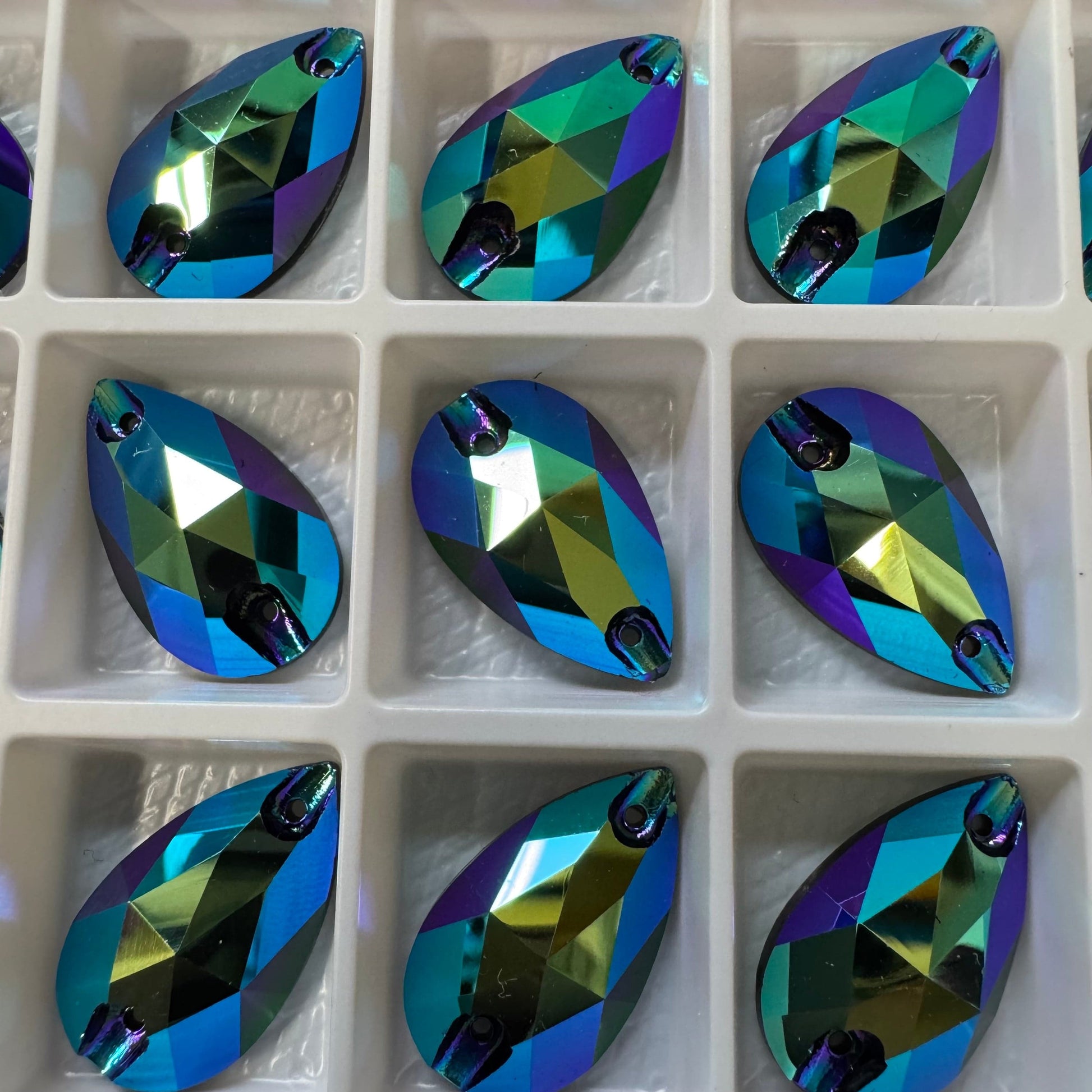13*22mm Blue/Purple AB Teardrop High Quality, Sew on, Fancy Glass Gem (Sold in Pair) Glass Gems