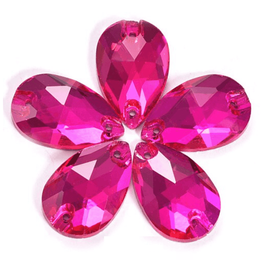 13*22mm Hot Pink Rose Teardrop, Sew on, Glass Gem (Sold in Pair) Glass Gems