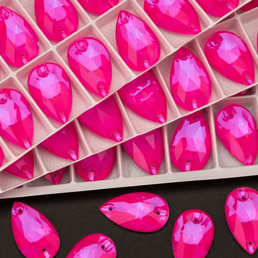 13*22mm Neon Pink Jelly Teardrop, Sew on, Fancy Glass Gem (Sold in Pair) Fancy Glass Gems
