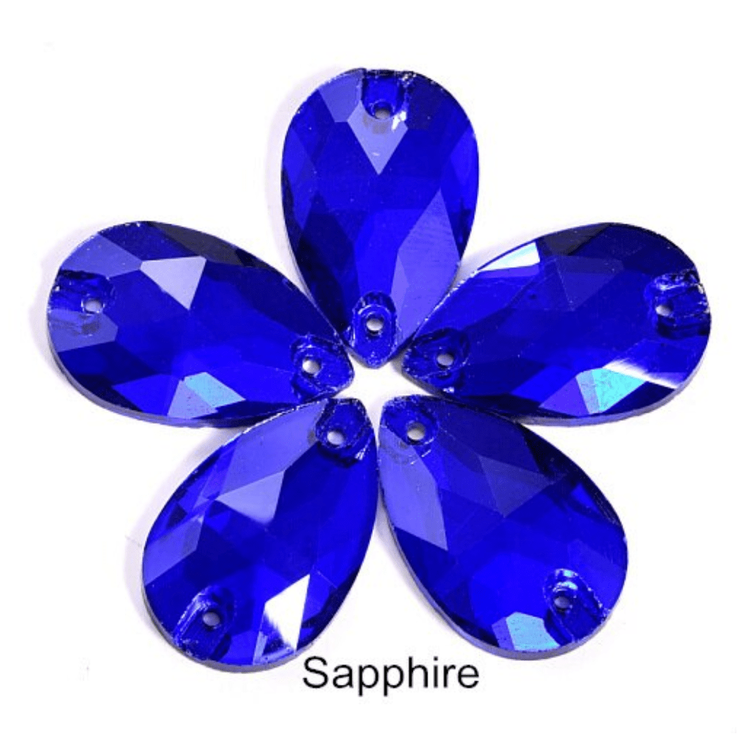 13*22mm Sapphire Blue Teardrop, Sew on, Glass Gem (Sold in Pair) Glass Gems