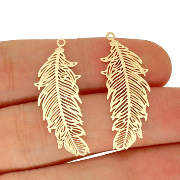 13*34mm Fine Feather Charm in Gold and Silver, one hole, Earring Findings, Basics Earring Findings
