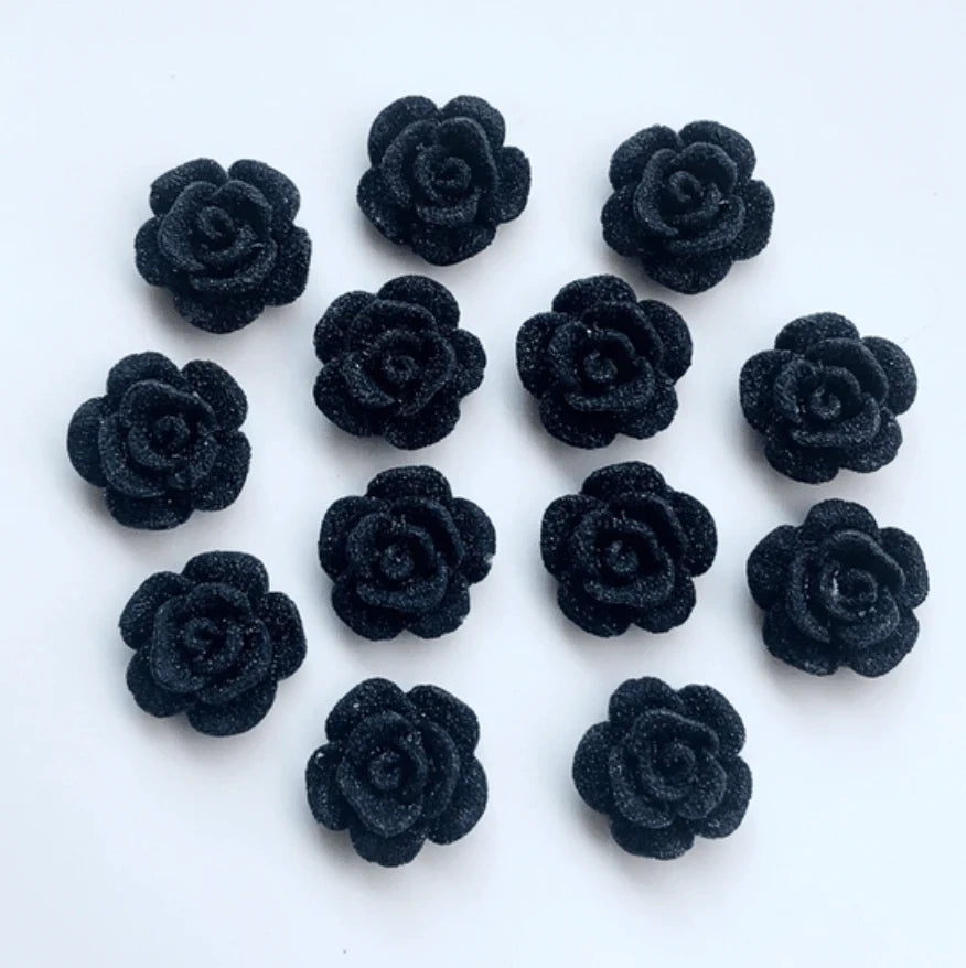 13mm Frosted AB Black Roses Floral Flat Back Glue On Resin Gem (Sold in Pair) Resin Gems