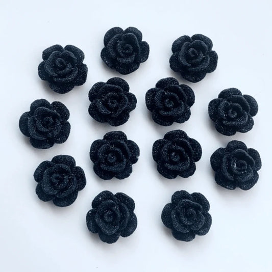 13mm Frosted AB Black Roses Floral Flat Back Glue On Resin Gem (Sold in Pair) Resin Gems