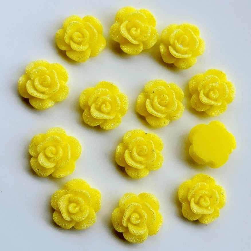 13mm Yellow Frosted AB Roses Floral Flat Back Glue On Resin Gem (Sold in Pair) Resin Gems