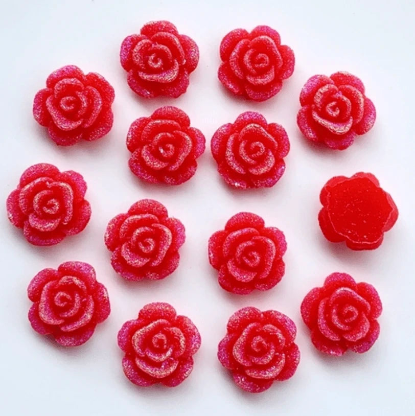 13mm Red Frosted AB Roses Floral Flat Back Glue On Resin Gem (Sold in Pair) Resin Gems