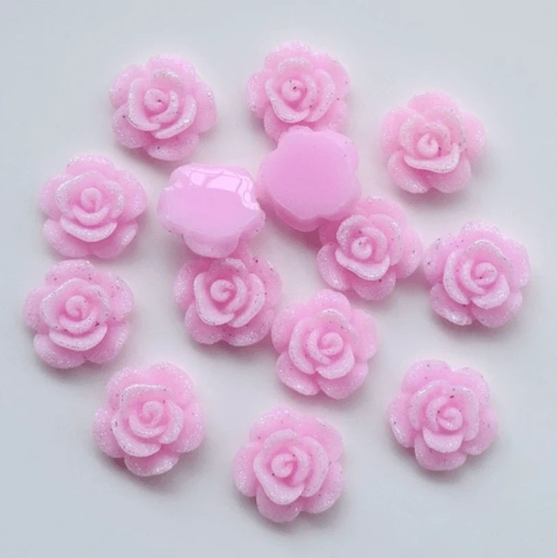 13mm Pink Frosted AB Roses Floral Flat Back Glue On Resin Gem (Sold in Pair) Resin Gems