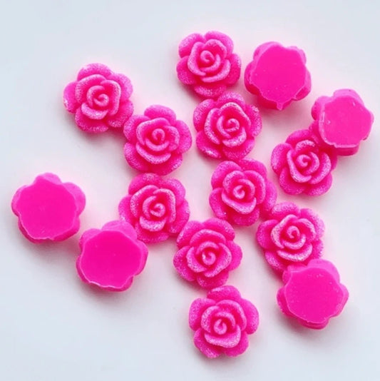 13mm Hot Neon Pink Frosted AB Roses Floral Flat Back Glue On Resin Gem (Sold in Pair) Resin Gems