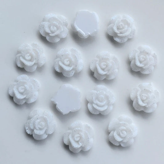 13mm White Frosted AB Roses Floral Flat Back Glue On Resin Gem (Sold in Pair) Resin Gems