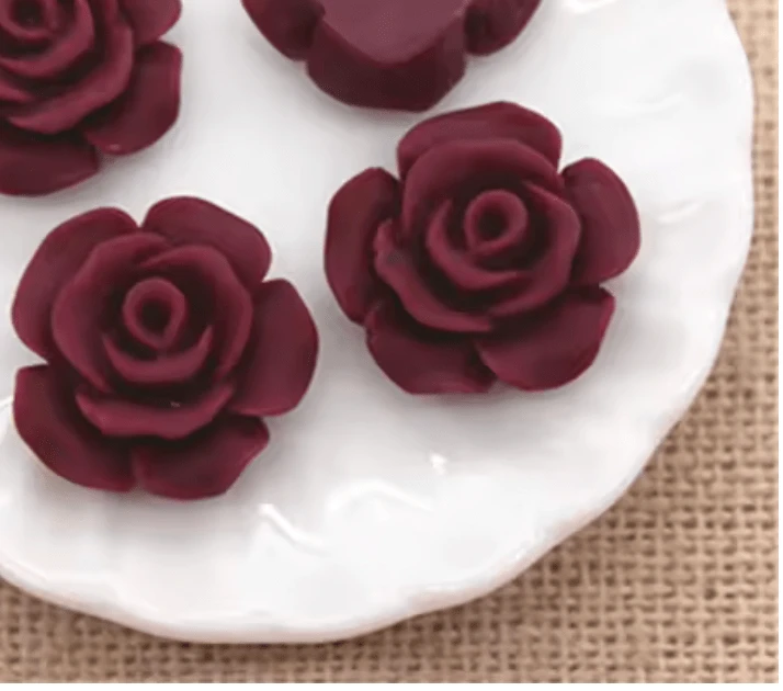 Wine Red 13mm Matte Vintage Rose Resin Gem (SOLD IN PAIRS)