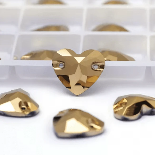 14*16mm Gold Metallic Heart Rhinestone, Sew on Rhinestone, Fancy Gems (Sold in Pair) Fancy Glass Gems