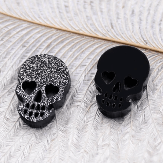 14mm Black Glitter Skull, Odd Shape, Glue on, Acylic Resin Gem (Sold in Pair) Resin Gems