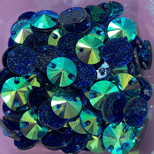 14mm Royal Blue AB Glitter Rivoli, Sew on, Resin Gems (Sold in Pair) Resin Gems