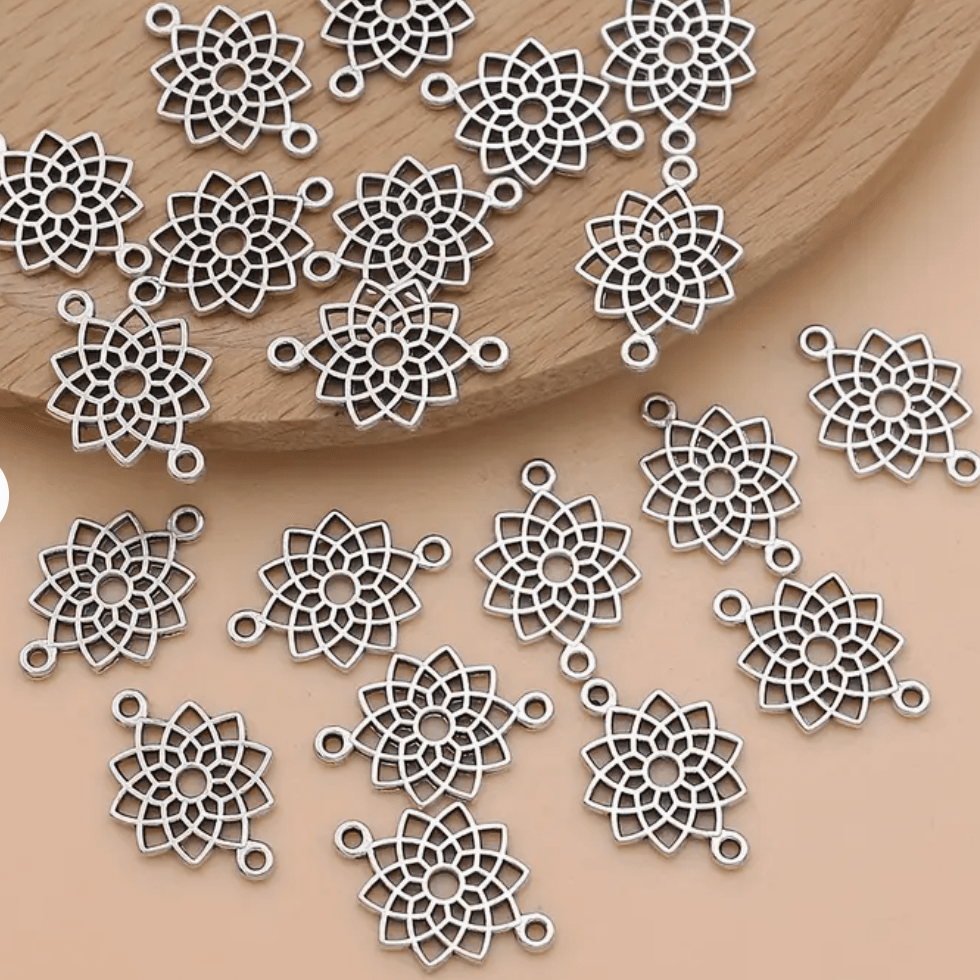 15mm Silver Starbust Floral Shaped Charm, Connector Earrings Basics (Sold in Pair) Earring Findings