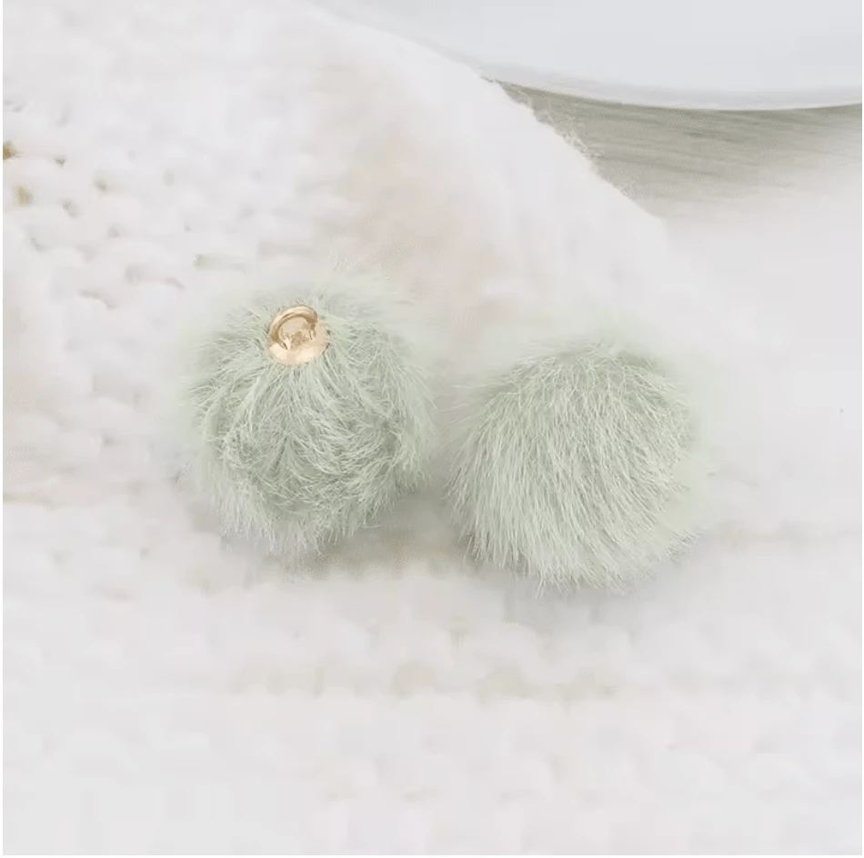 Light Green Pompom 15mm Small Plush Fur Covered Ball Charms DIY Pompom Tassel Earring Finding, (10 piece) Earring Findings