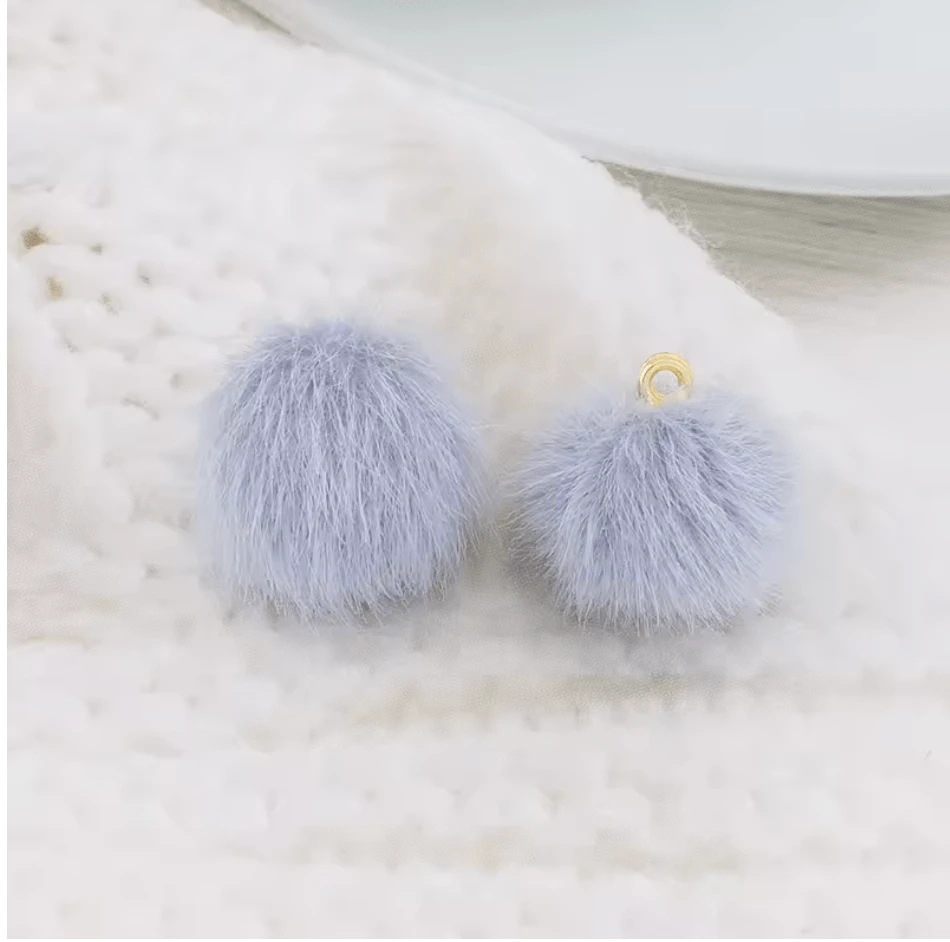 Pale Blue Pompom 15mm Small Plush Fur Covered Ball Charms DIY Pompom Tassel Earring Finding, (10 piece) Earring Findings
