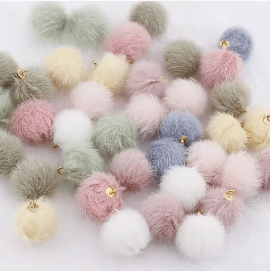 Mixed Pompoms 15mm Small Plush Fur Covered Ball Charms DIY Pompom Tassel Earring Finding, (10 piece) Earring Findings