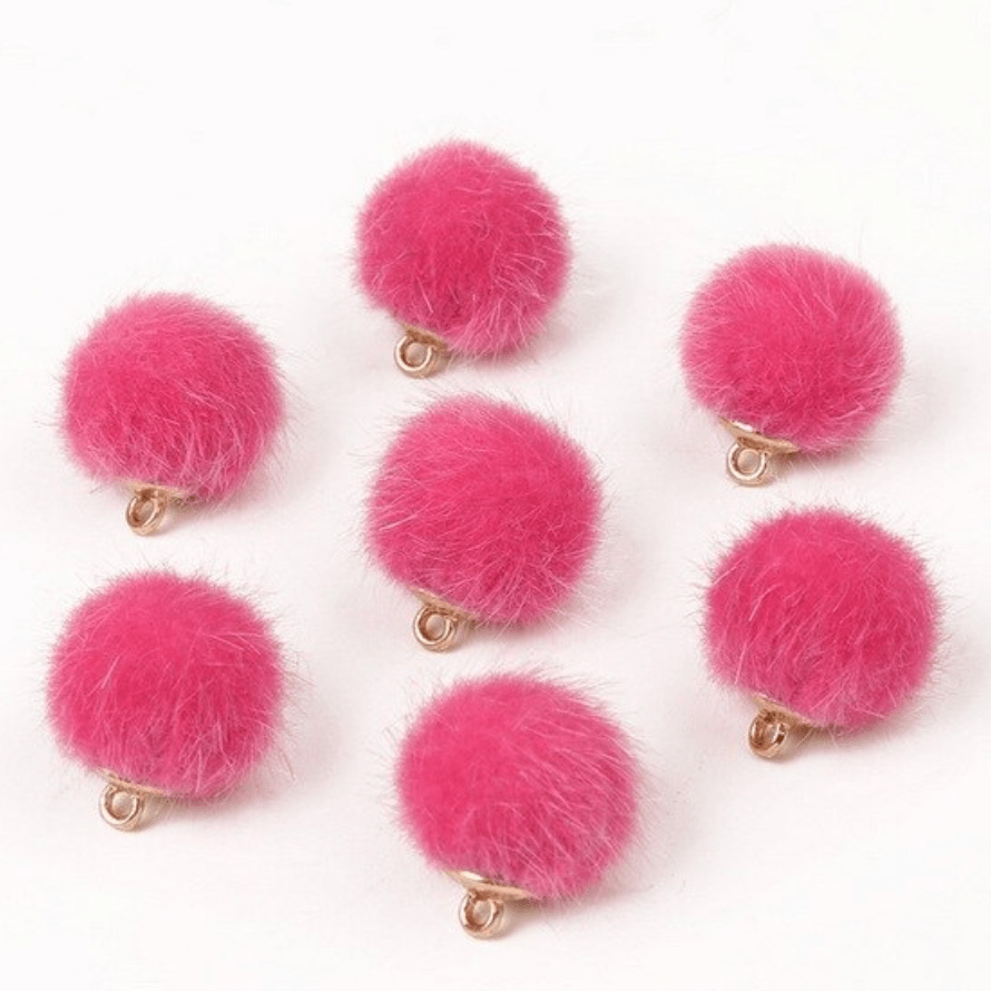 Hot Pink Pompom 15mm Small Plush Fur Covered Ball Charms DIY Pompom Tassel Earring Finding, (10 piece) Earring Findings