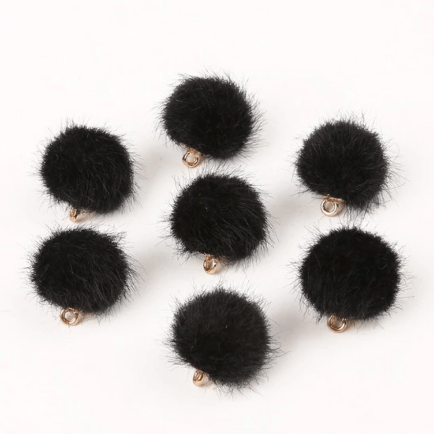 Black Pompom 15mm Small Plush Fur Covered Ball Charms DIY Pompom Tassel Earring Finding, (10 piece) Earring Findings