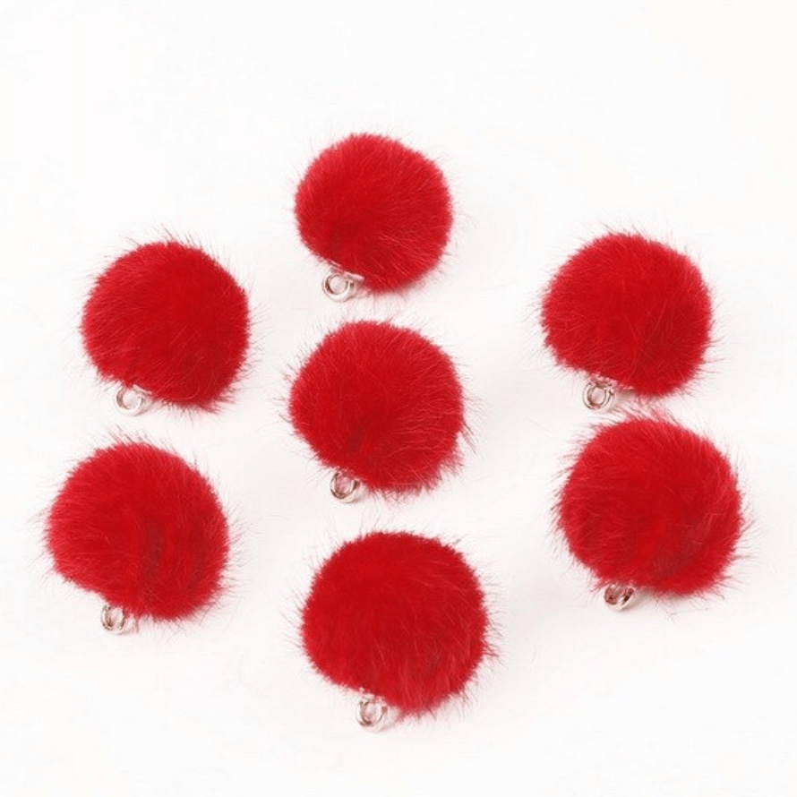 Red Pompom 15mm Small Plush Fur Covered Ball Charms DIY Pompom Tassel Earring Finding, (10 piece) Earring Findings