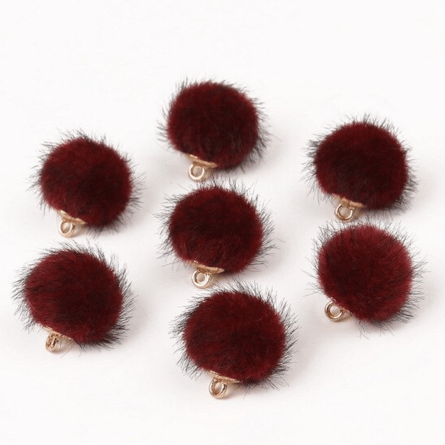 Burgundy Pompom 15mm Small Plush Fur Covered Ball Charms DIY Pompom Tassel Earring Finding, (10 piece) Earring Findings
