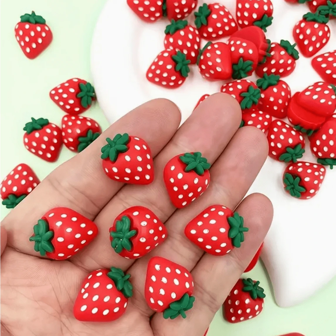 16*18mm Clay Strawberry with Dark Green Stem Shaped Charms, Glue on, Resin Gem (Sold in Pair) Resin Gems