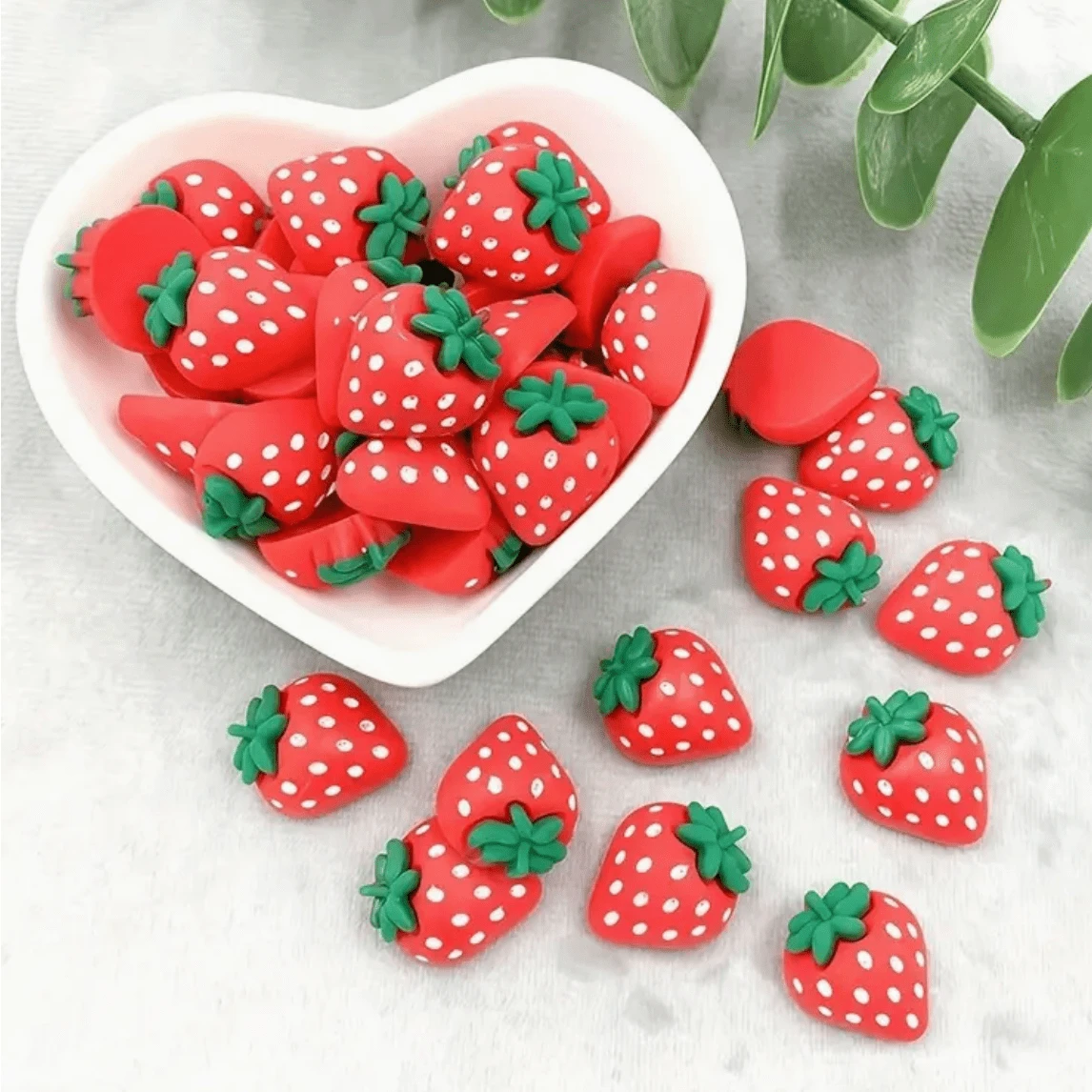 16*18mm Clay Strawberry with Dark Green Stem Shaped Charms, Glue on, Resin Gem (Sold in Pair) Resin Gems