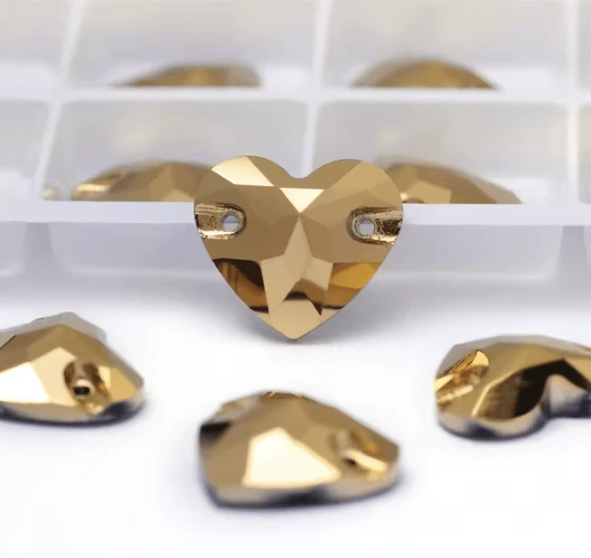 16mm Gold Heart, Sew on, Fancy Glass Gems (Sold in Pair) Fancy Glass Gems