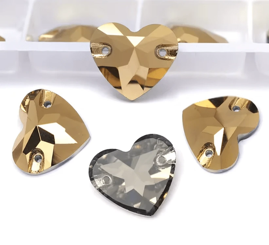 16mm Gold Heart, Sew on, Fancy Glass Gems (Sold in Pair) Fancy Glass Gems