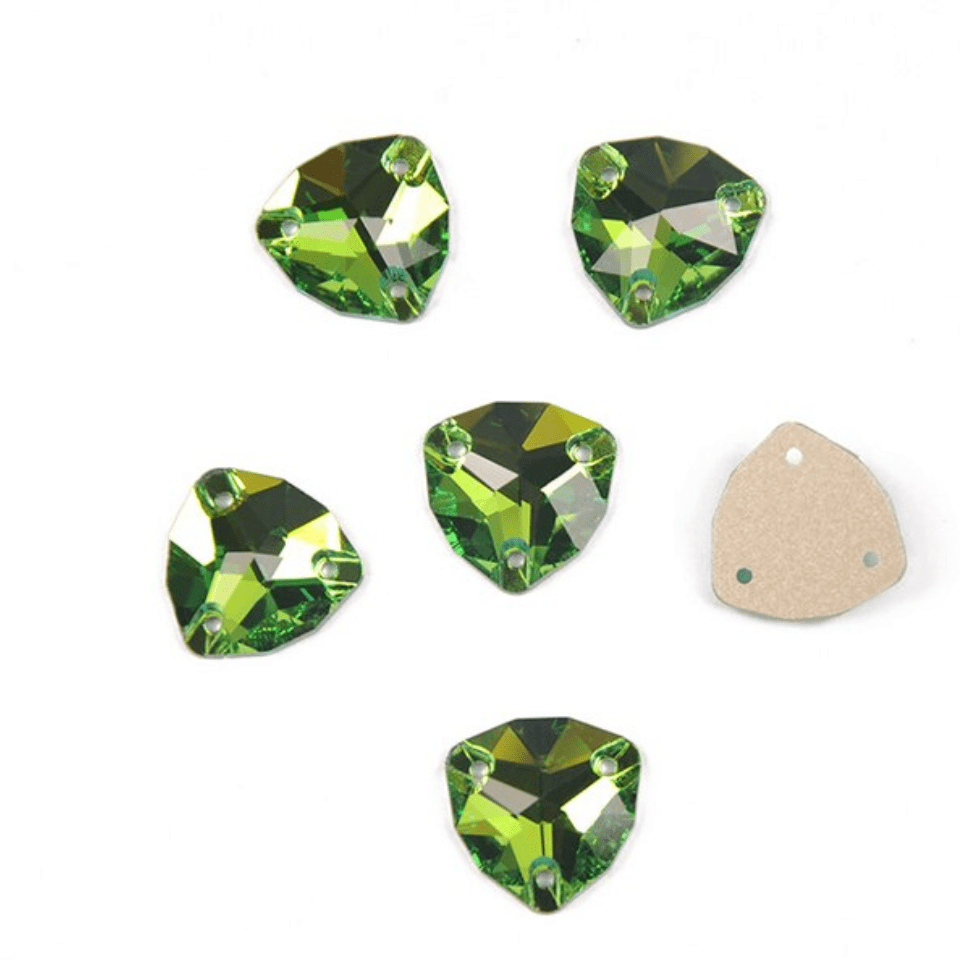 16mm Peridot Green Fat Triangle Trillion, Sew on, Fancy Glass Gem (Sold in Pair) Fancy Glass Gems