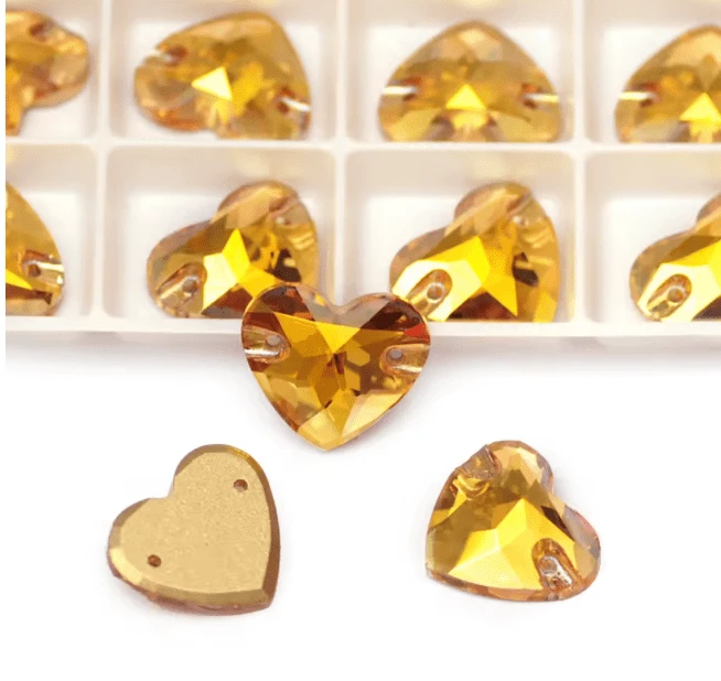 16mm Sunshine Gold Heart, Sew on, Fancy Glass Gems (Sold in Pair) Fancy Glass Gems