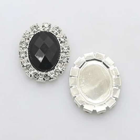 17*21mm Black Oval in Silver Rhinestone Frame Resin Gem (Sold in Pair) Rhinestone Frame